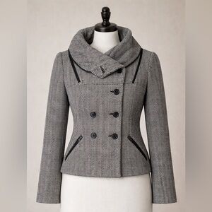 Gray Wool Blend Herringbone Cropped Blazer | Tailored Fit | Size S